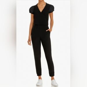 CHASER Cozy Knit Mixed Poplin Puff Sleeve Surplice Jumpsuit Size Small